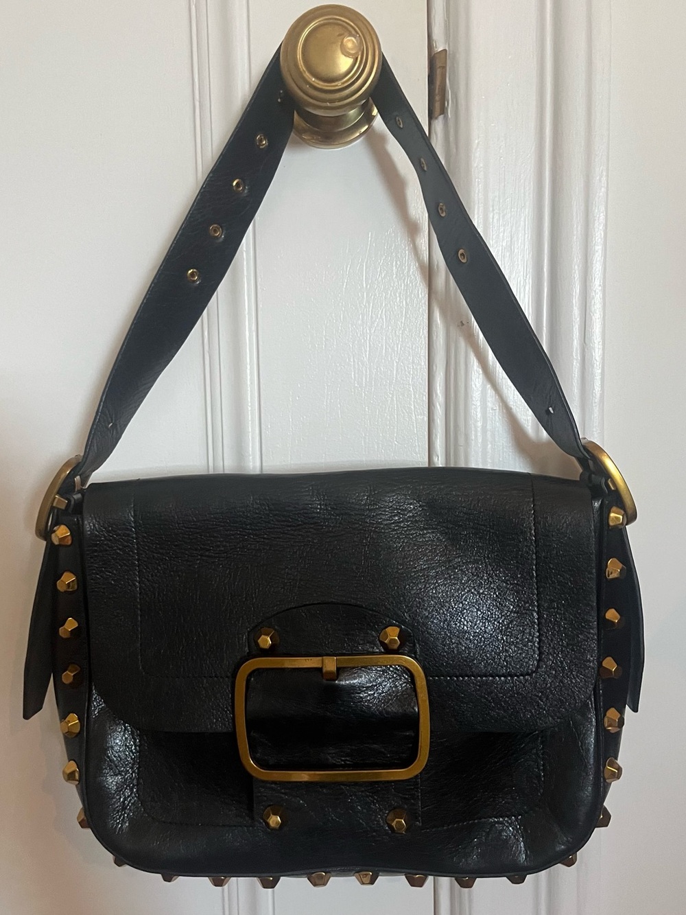 Tory Burch Runway Black Leather Shoulder Bag with Gold-Tone Studs